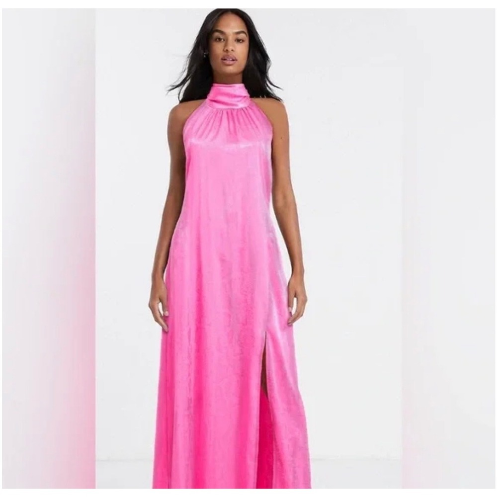 Flounce London Hot Pink Maxi Halter Dress snake‎ print high slit Y2K feminine